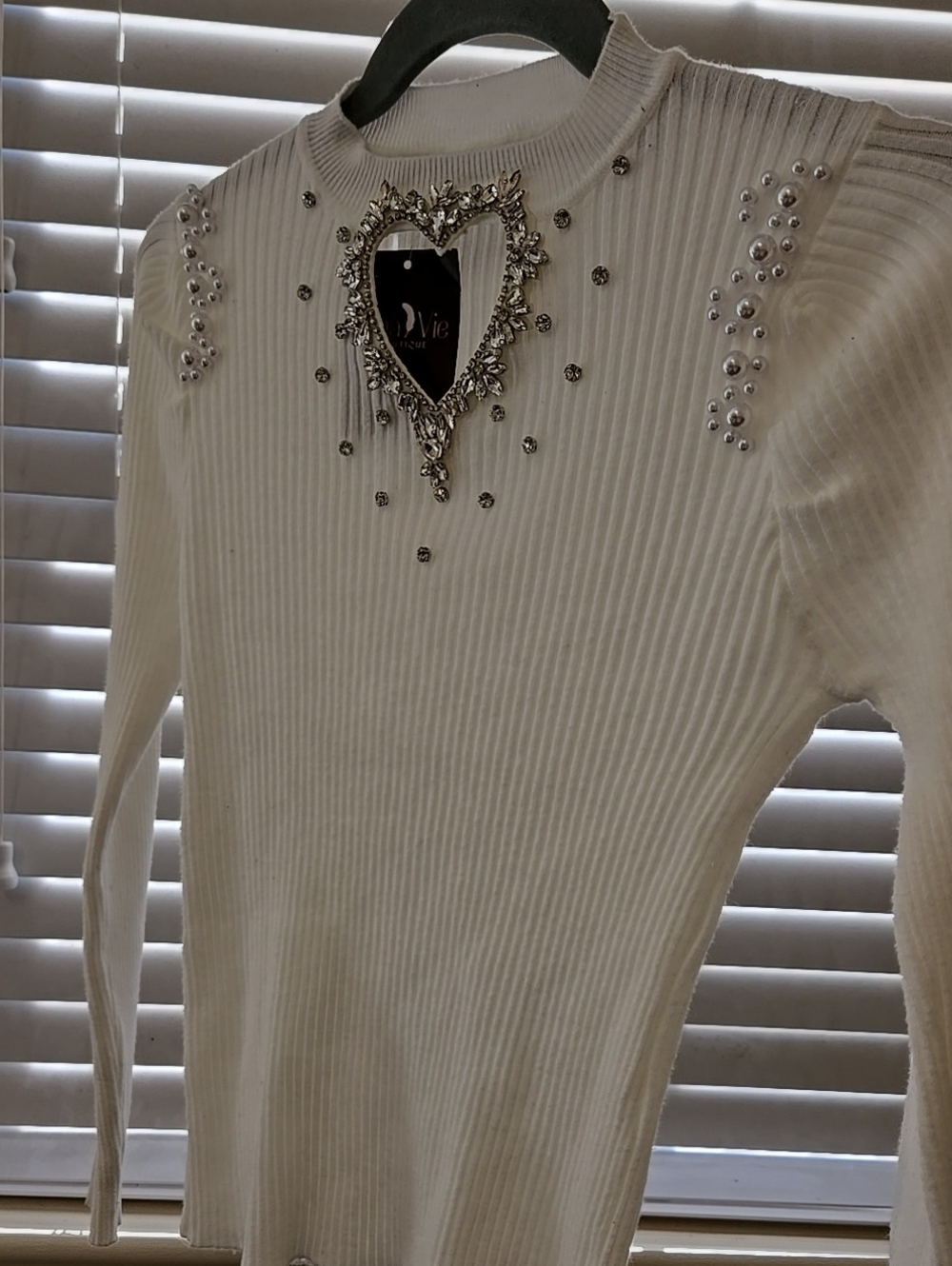Embellished Cream Ribbed Sweater with Jeweled Heart